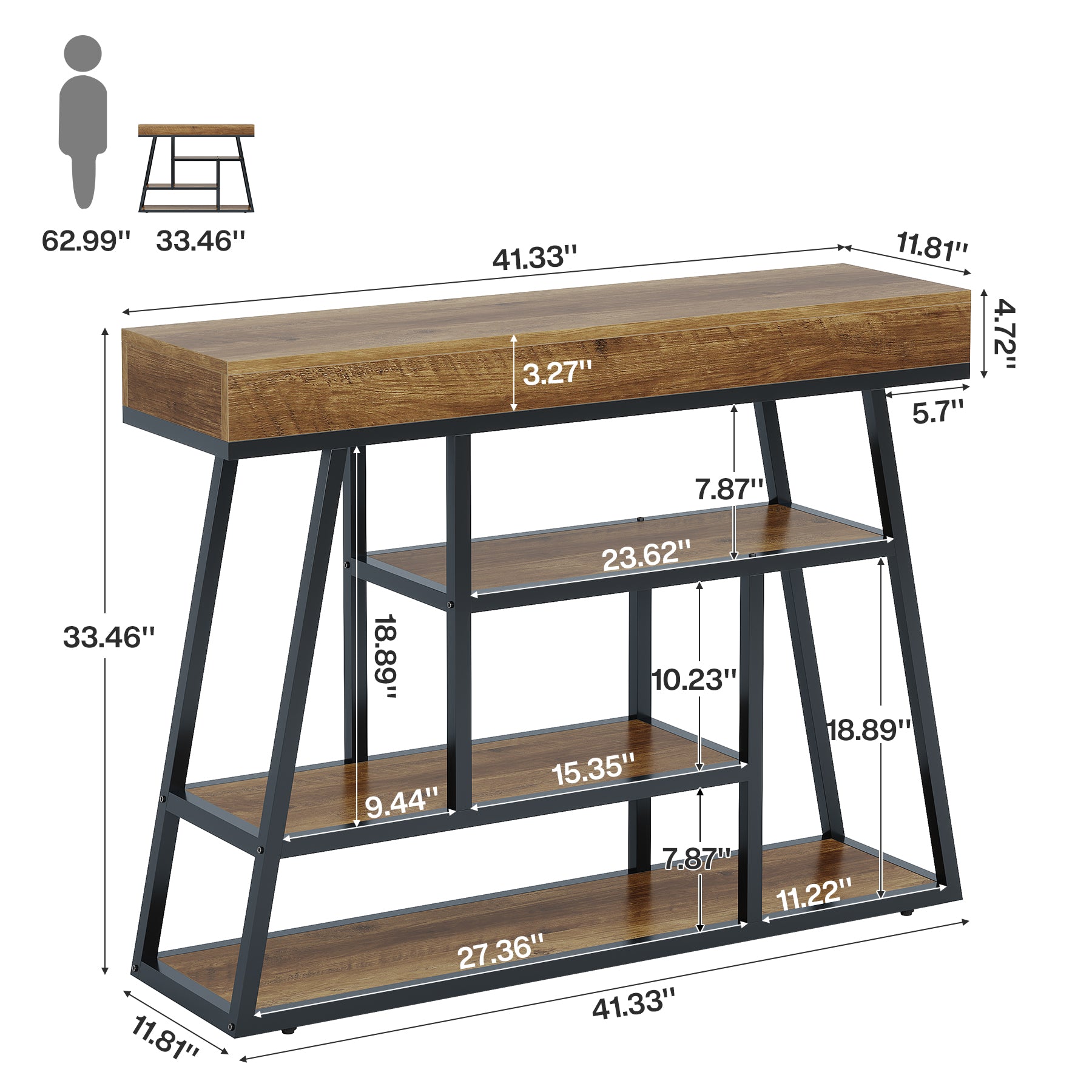 41.3" Console Table, Industrial Entryway Sofa Table with 4-Tier Shelves