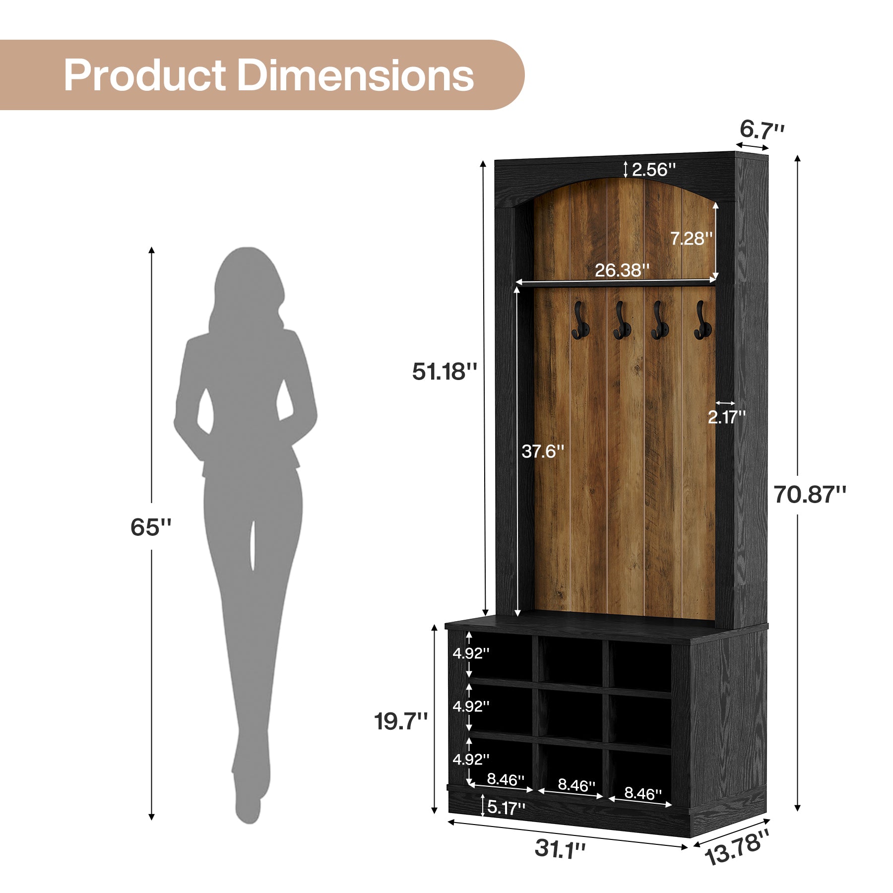 70.8" Tall Hall Tree, 4-in-1 Entryway Tree with Bench and Shoe Storage
