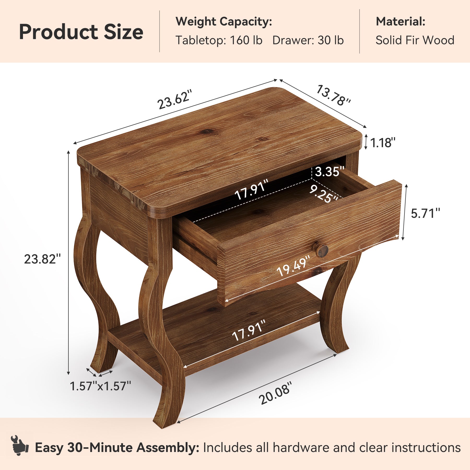 Rustic Solid Wood End Table with Drawer, 24"W Tall Side Table, Living Room