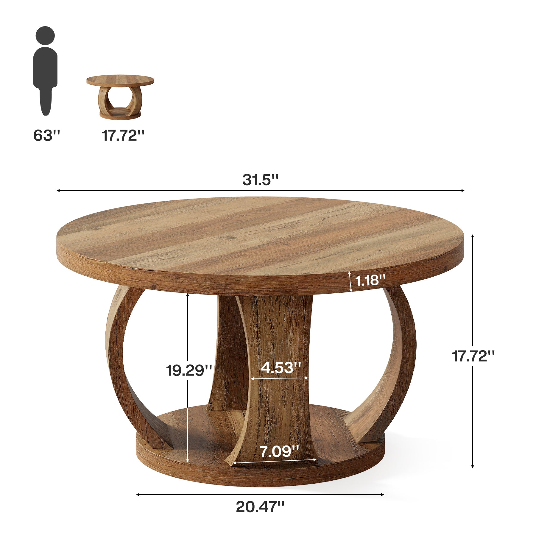 31.5" Round Coffee Table, 2-Tier Wooden Center Table with Storage