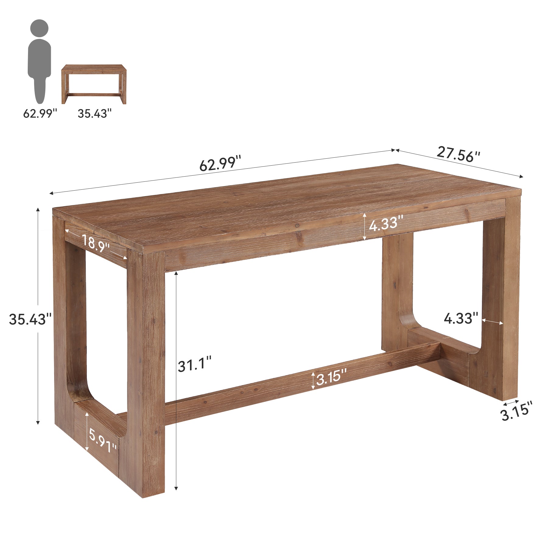 63" Solid Wood Kitchen Island, Dining Room Table with Sturdy Construction