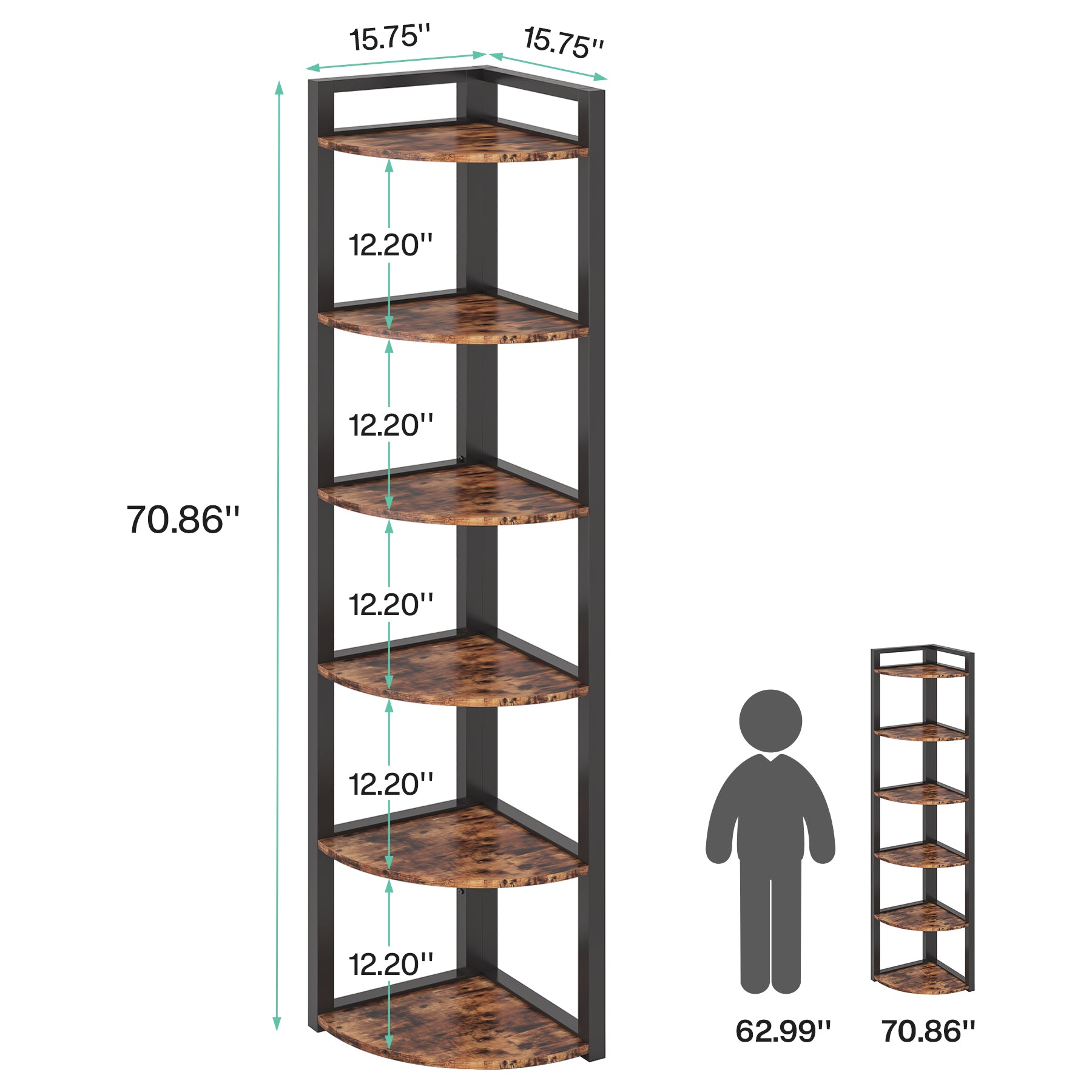 6-Tier Corner Shelf, 70.9 Inch Tall Corner Bookshelf Small Bookcase Rustic Corner Shelving Unit Storage Rack