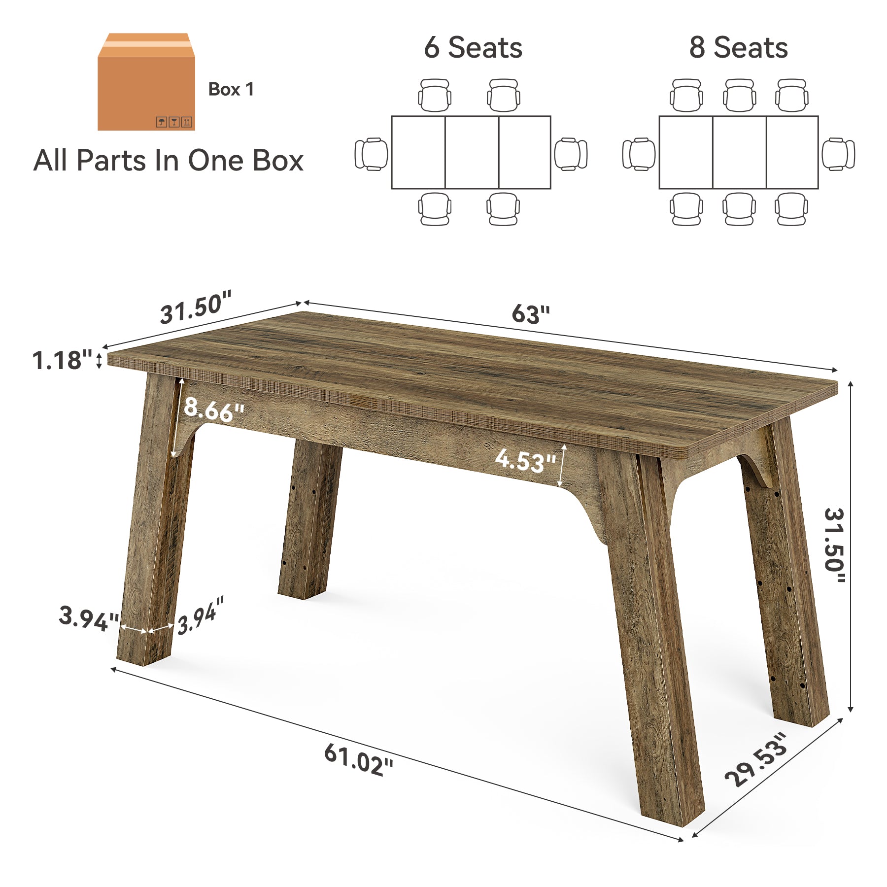 63" Rectangular Dining Table for 4-6, Modern Farmhouse Kitchen Table with Heavy-Duty Legs
