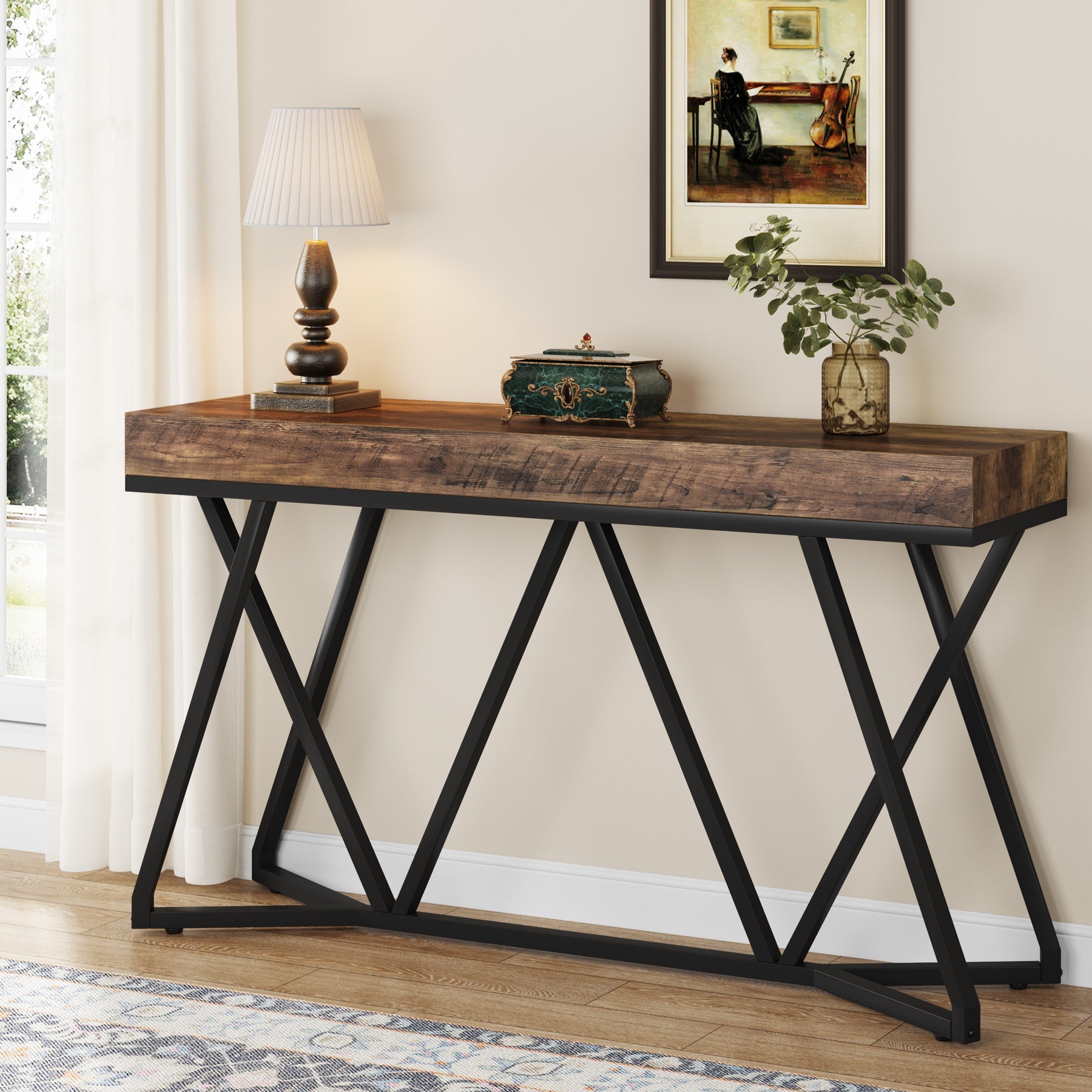 55'' Farm Sofa Table, Wooden Console Table With Metal Legs-Tribesigns