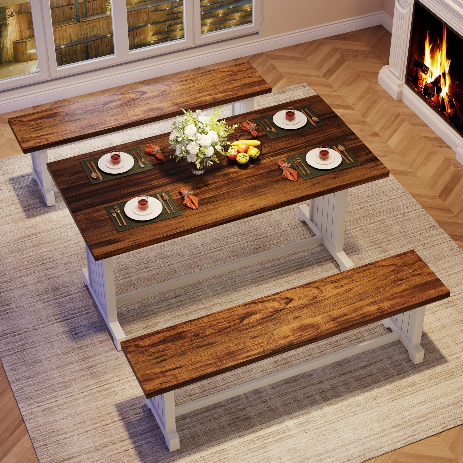 Farmhouse Dining Table Set with 2 Benches - Thumbnail 4