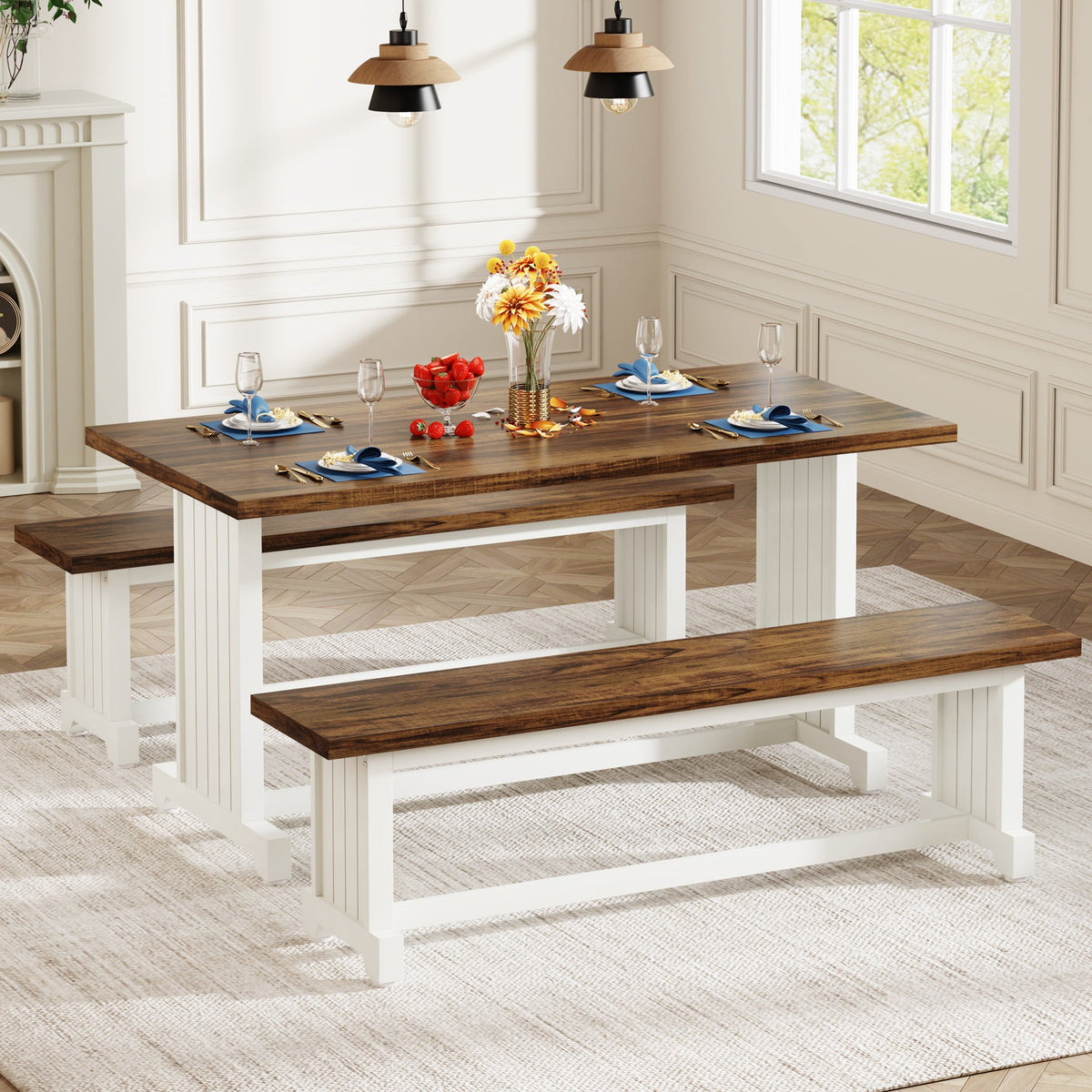 Farmhouse Dining Table and Bench | Kitchen Table with 2 Benches-Tribesigns