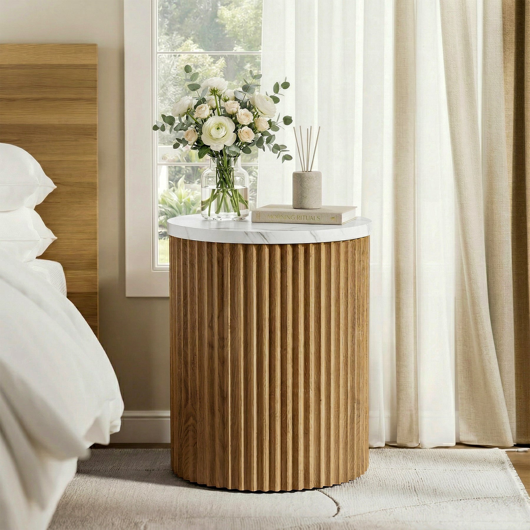 Round Nightstand, 23.6" Bedside Table with Faux Marble Tabletop & Fluted Base