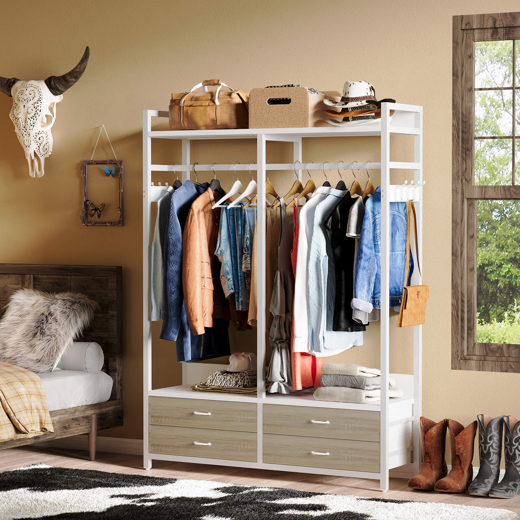 dressing rack design Clothes Rack with Fabric Drawers, Adjustable Wardrobe Closet Rack with Metal Wire Shelf, Black