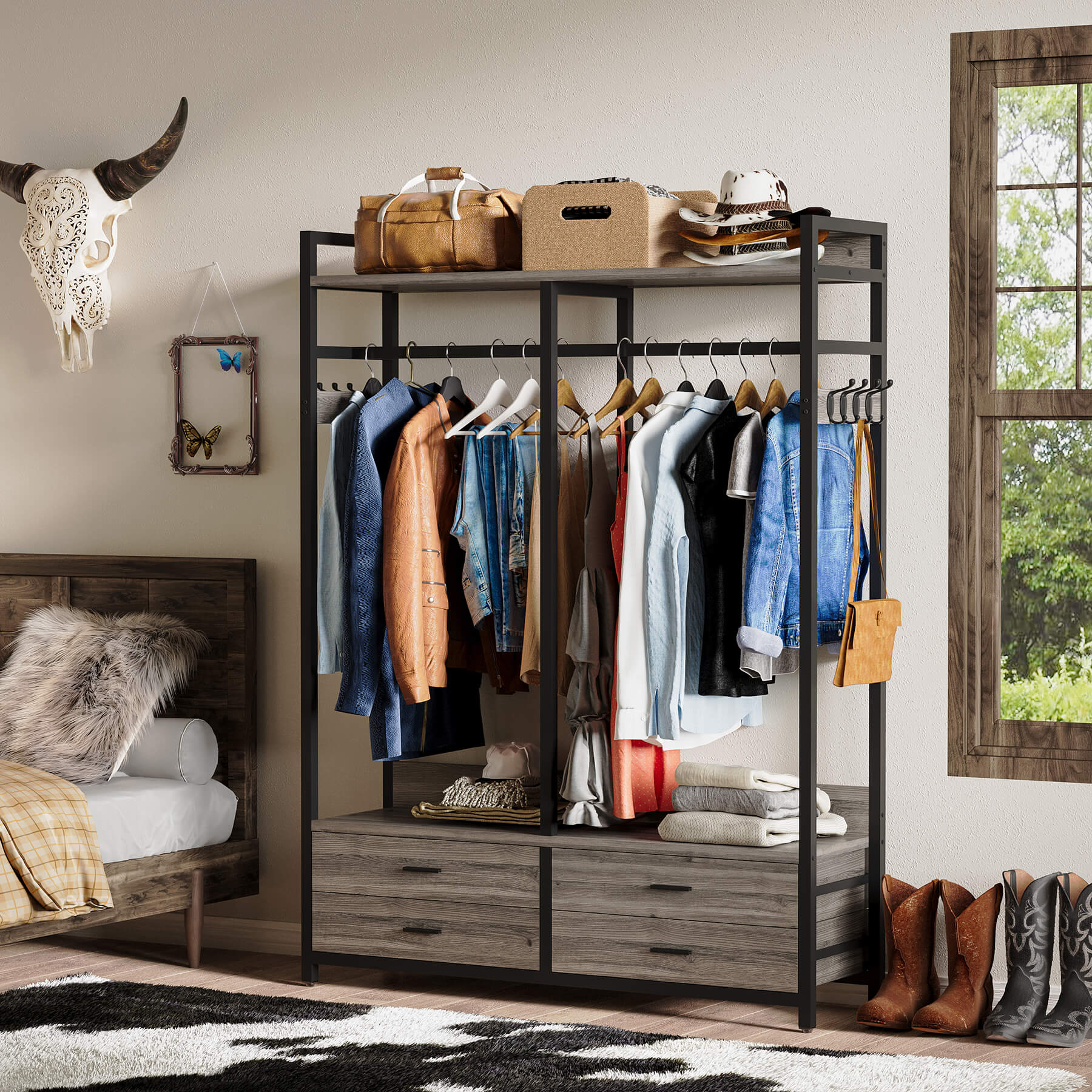 Standing Closets, Clothes Rack with Drawers Shelves-Tribesigns