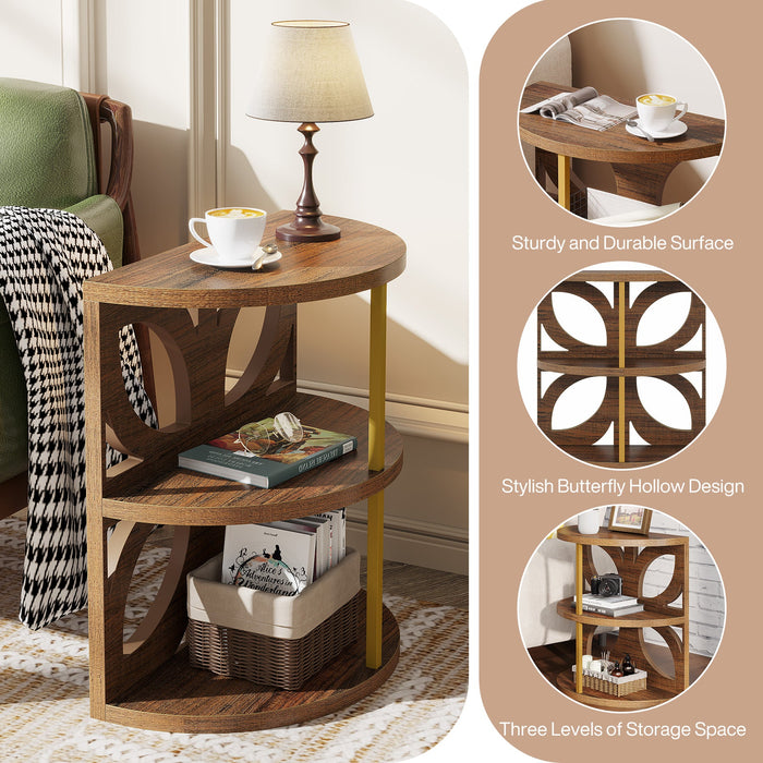 Half Round End Table, Narrow Side Table Nightstand with 3 Storage Shelf Tribesigns