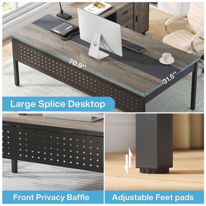 Industrial L - Shaped Desk, 71" Executive Desk with 47" Mobile File Cabinet Tribesigns