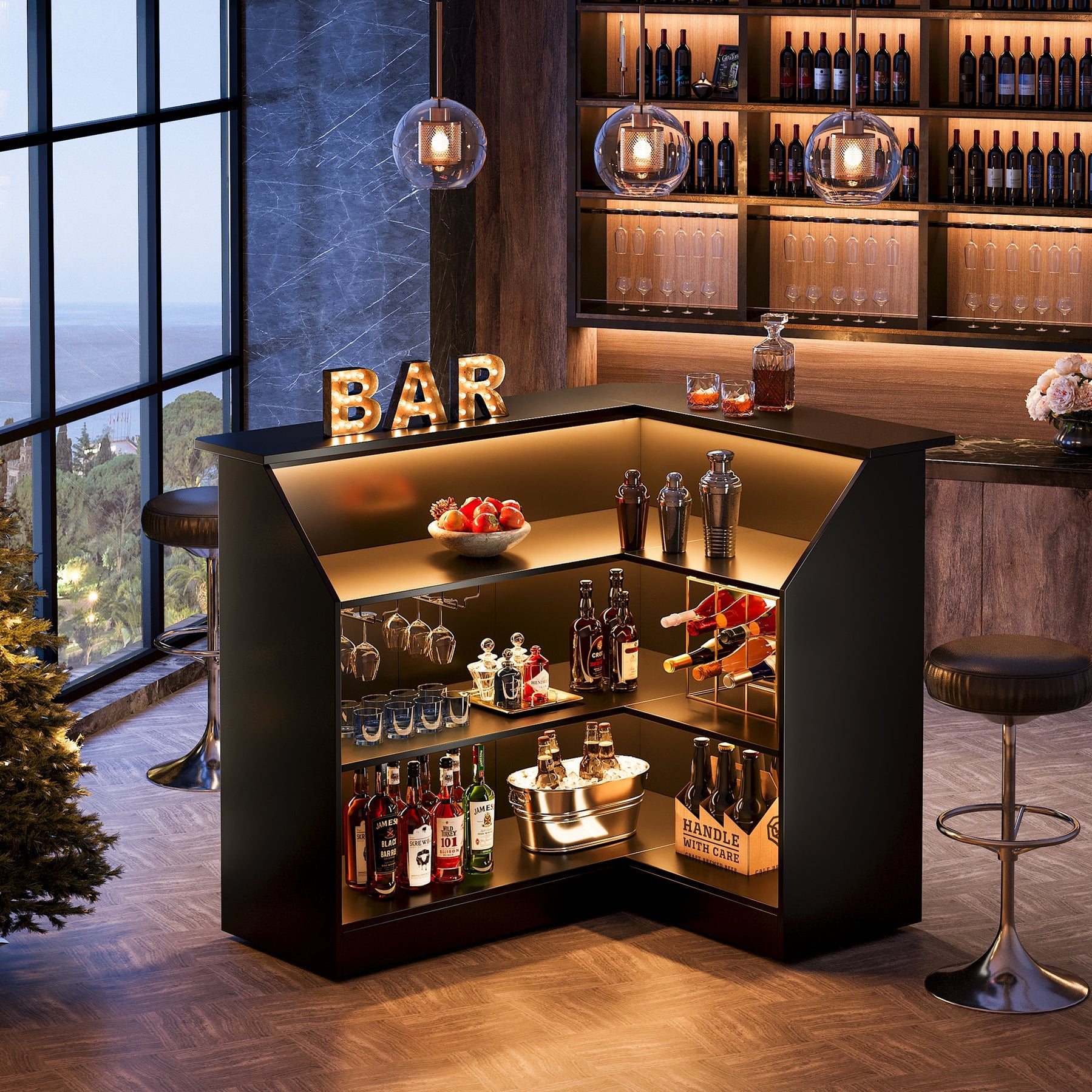 Tribesigns L-Shaped Bar Table, 4-Tier Bar Cabinet Reception Desk