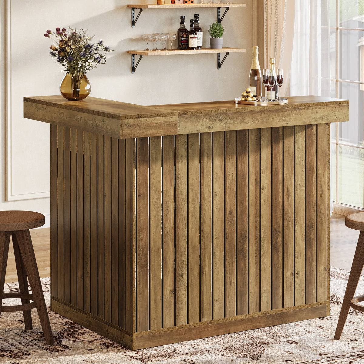 L-Shaped Home Bar Unit, 4-Tier Corner Bar Table with Shelves-Tribesigns