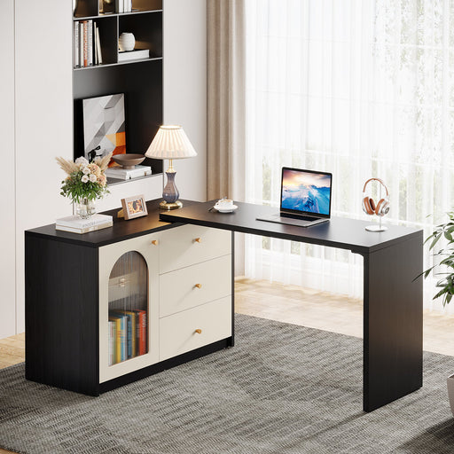 L - Shaped Computer Desk, Corner Office Desk with Reversible Storage Cabinet Tribesigns