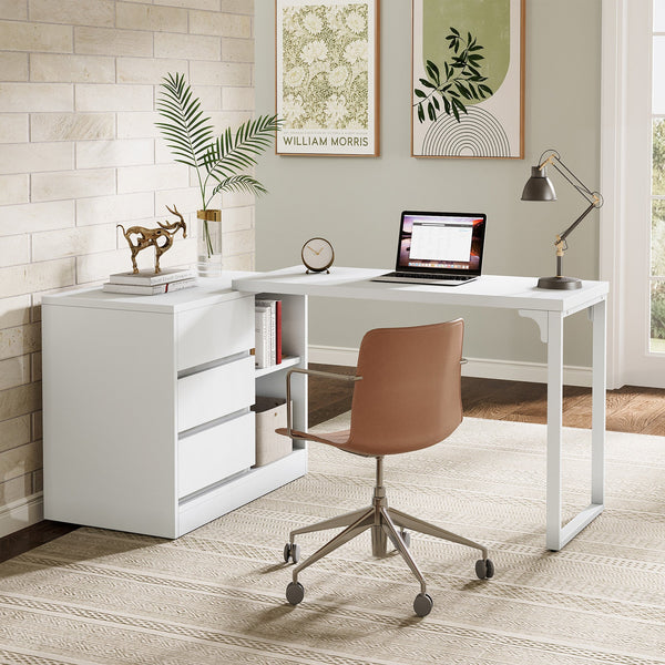 Reversible L-Shaped Desk With Drawers, Computer Desk With Cabinet ...
