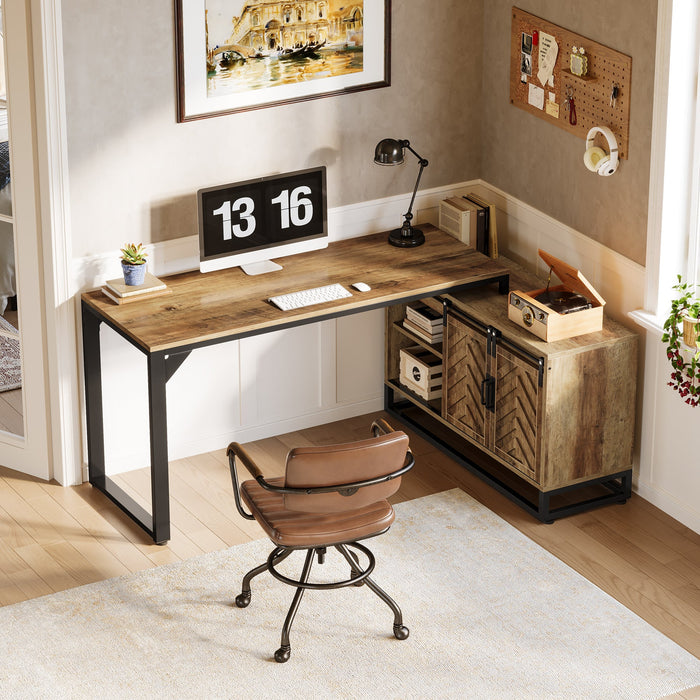 L - Shaped Executive Desk, 53" Farmhouse Computer Desk Corner Desk with Cabinet Tribesigns