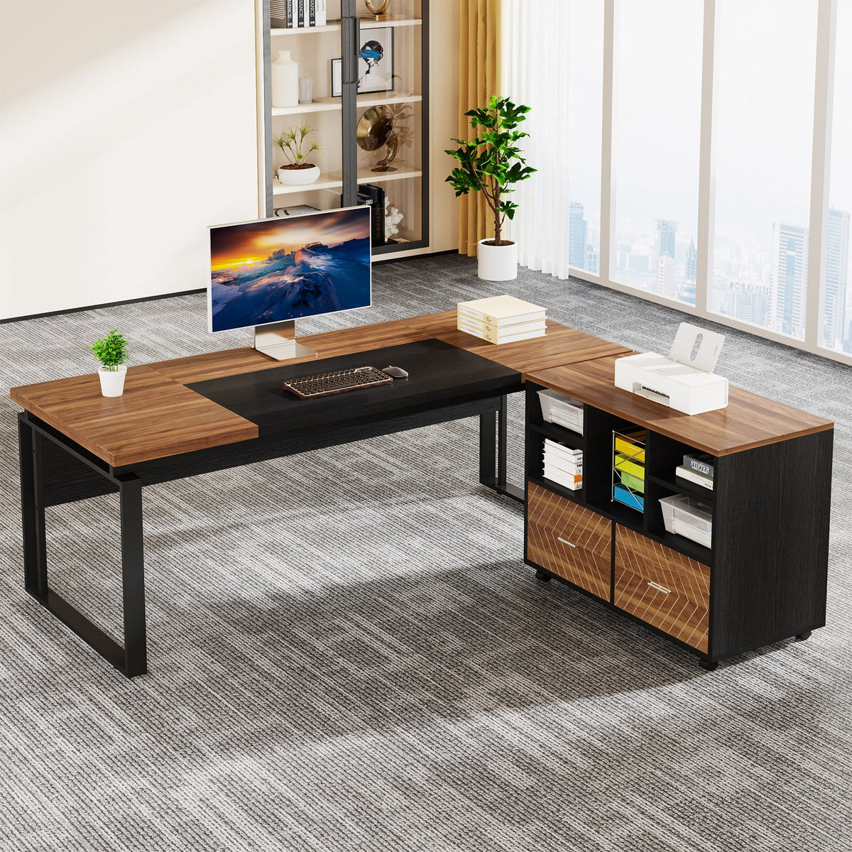 Tribesigns L-Shaped Executive Desk with Mobile File Cabinet