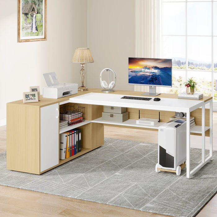 Large L-Shaped Desk, 71 inch Executive Desk with Shelves & Cabinet Tribesigns