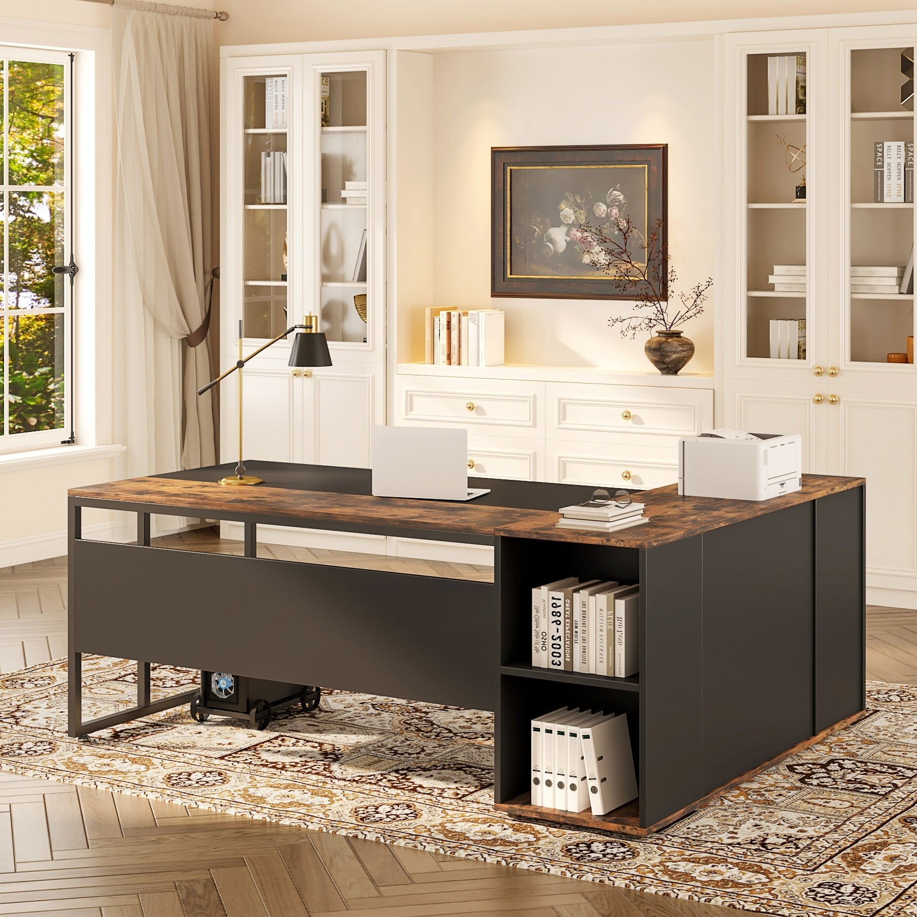 71 Inch Desk, L-shaped Executive Desk with Shelves & Cabinet