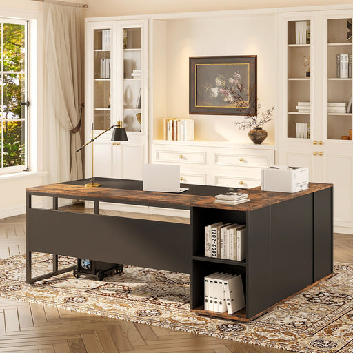 Large L - Shaped Desk, 71 inch Executive Desk with Shelves & Cabinet Tribesigns