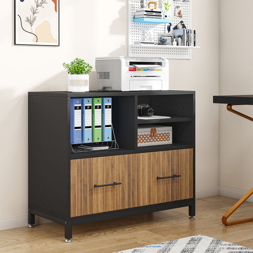Tribesigns's File Cabinet, Lateral Printer Stand with Drawer & Open Storage Spaces, and black and wood cabinet doors.