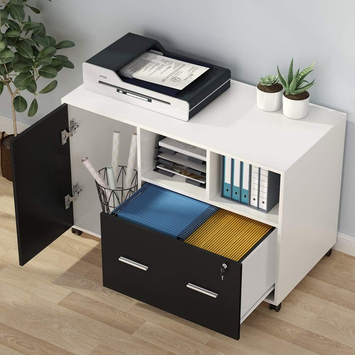 Lateral File Cabinet Printer Stand with Wheels and Shelves Tribesigns