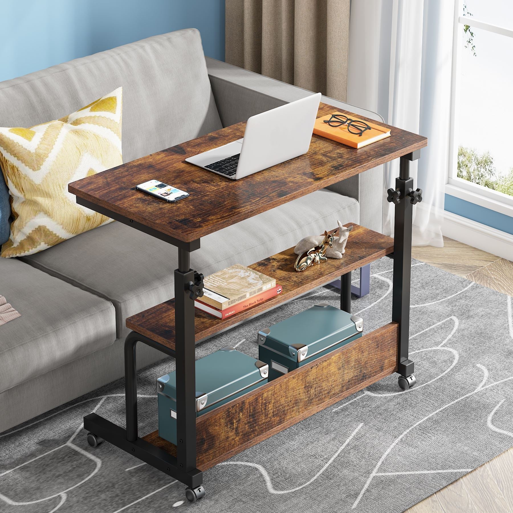 Tribesigns C Table, Height Adjustable Bedside Sofa Table with Wheels