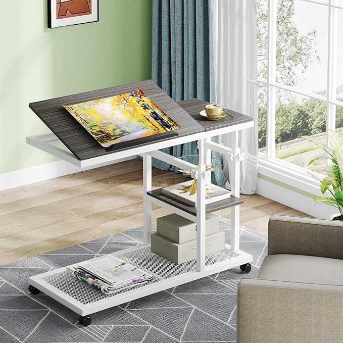 Mobile C Table, Height Adjustable Snack Tray Table with Wheels Tribesigns