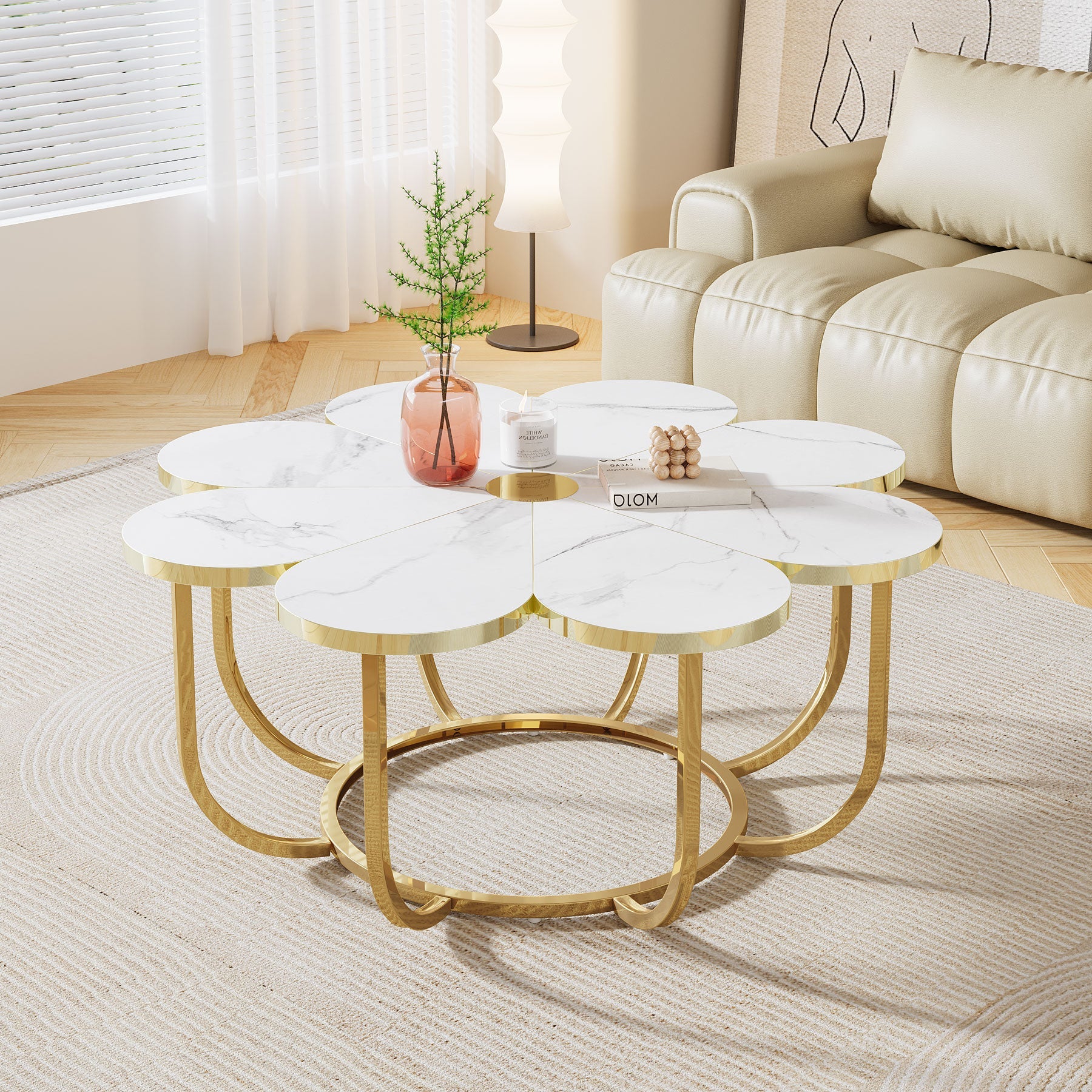 Modern Coffee Table Flower Shaped Center Table with Faux Marble Tabletop White Gold