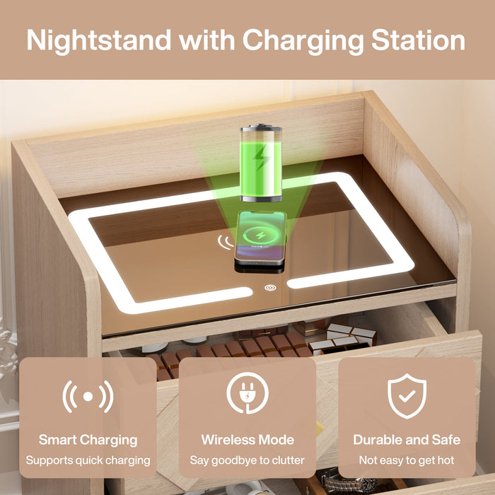 Modern Nightstand, 3 Drawers Bedside Table with Wireless Charging Station Tribesigns