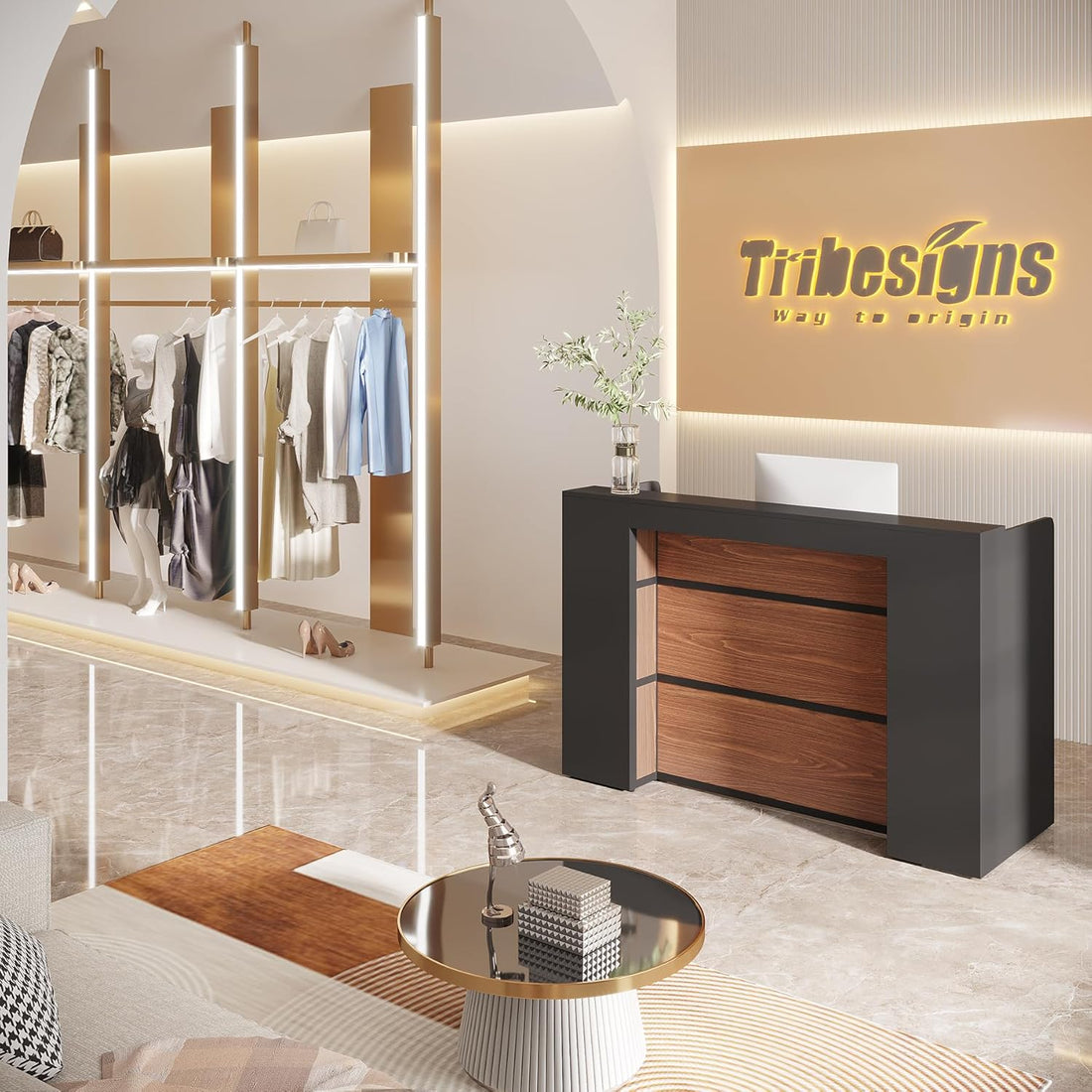 Modern Reception Desk with LED Lights, Front Desk Counter-Tribesigns