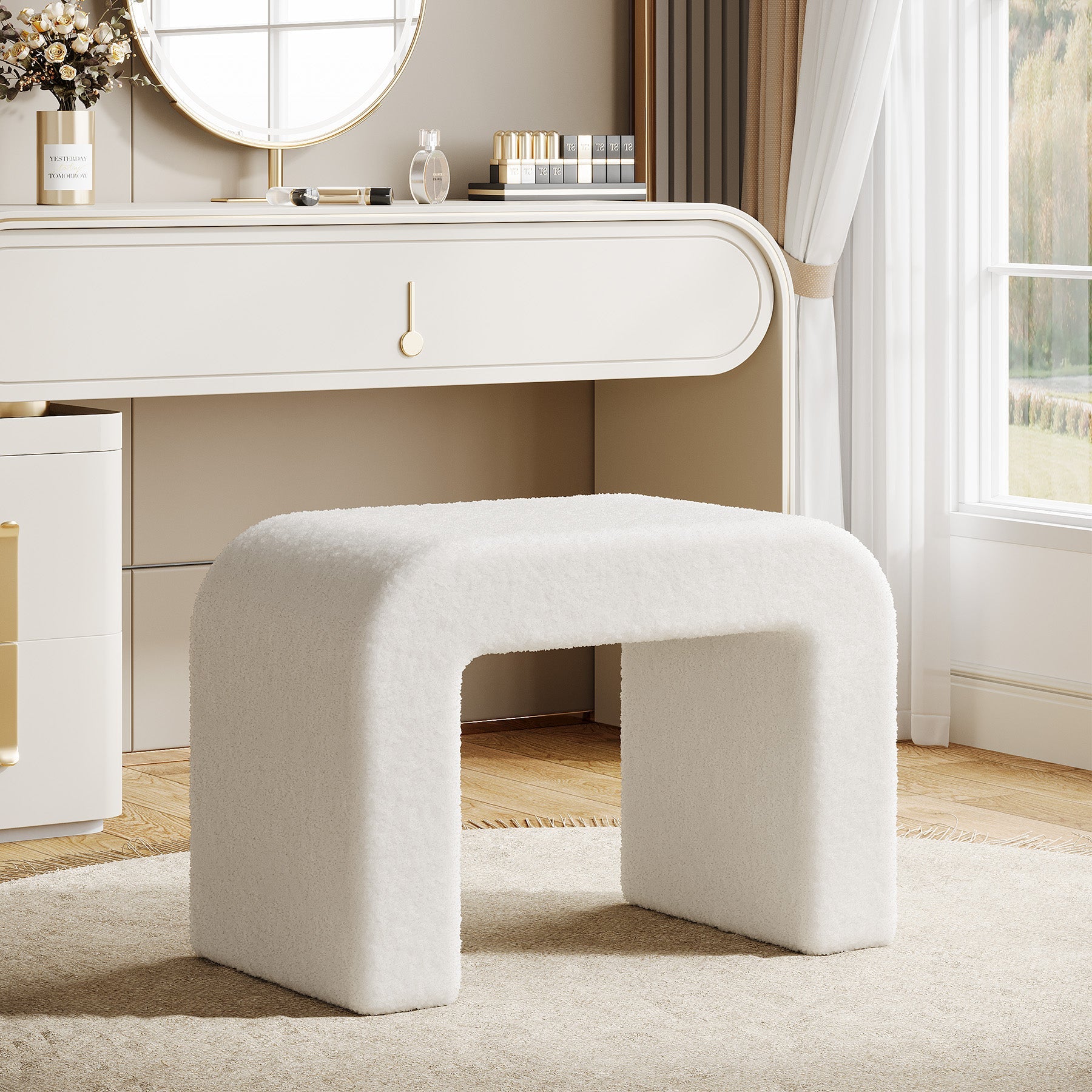 Modern Vanity Stool, Fully Assembled Upholstered Ottoman Sofa Footrest, White Modern Vanity Stool, Fully Assembled Upholstered Ottoman Sofa Footrest, White