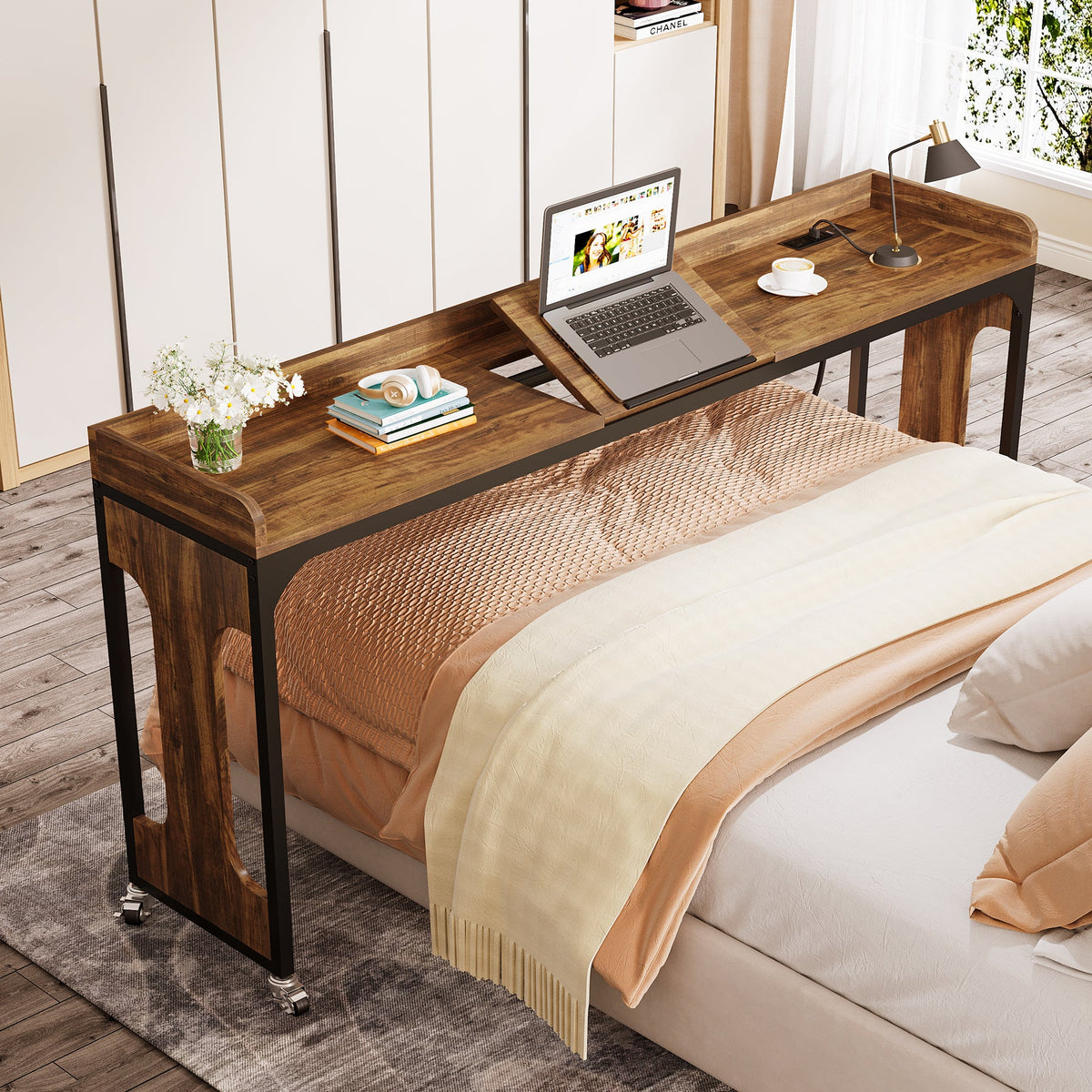 Tribesigns Overbed Table with Wheels 71 Laptop Cart with Outlets