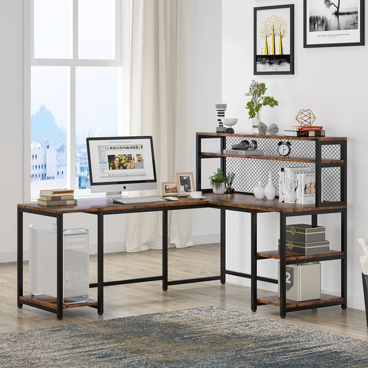 Reversible L - Shaped Desk, 67" Large Computer Writing Desk with Hutch Tribesigns