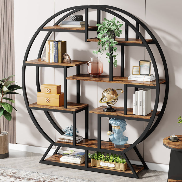 Round Bookshelf, 63 Inch Etagere Bookcase with Staggered Shelves Tribesigns