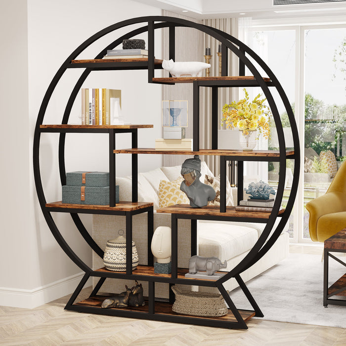 Round Bookshelf, 63 Inch Etagere Bookcase with Staggered Shelves Tribesigns