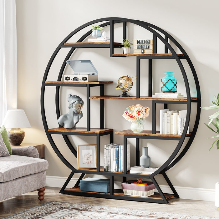 Round Bookshelf, 63 Inch Etagere Bookcase with Staggered Shelves Tribesigns