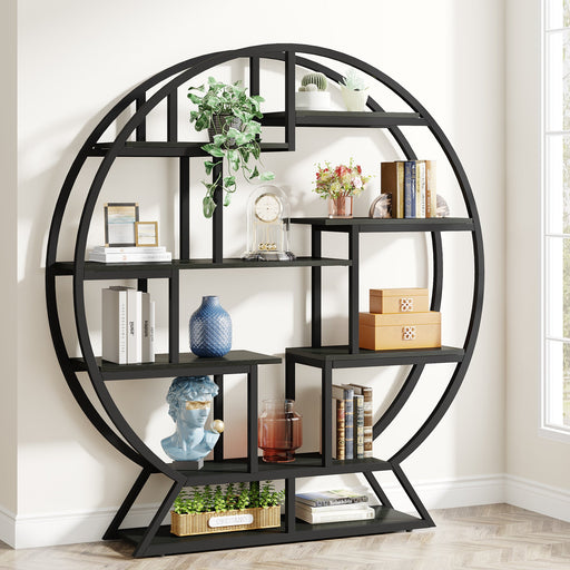 Round Bookshelf, 63 Inch Etagere Bookcase with Staggered Shelves Tribesigns