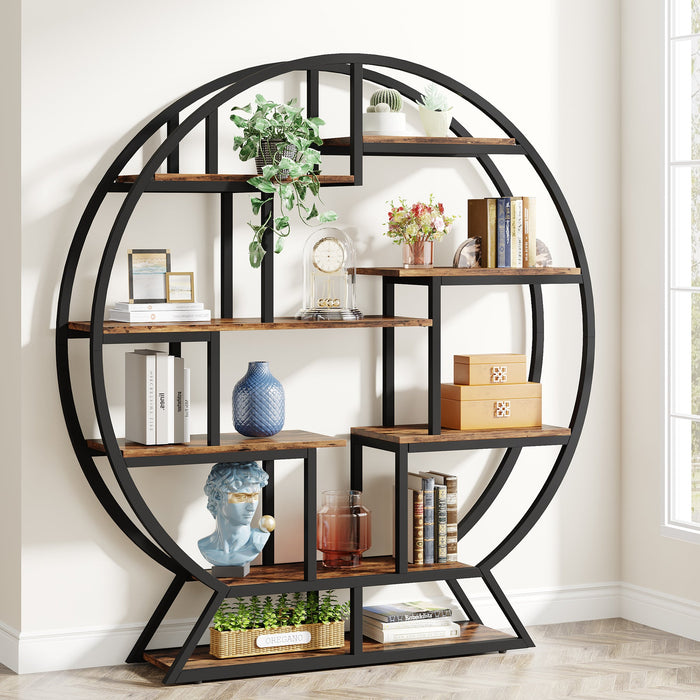 Round Bookshelf, 63 Inch Etagere Bookcase with Staggered Shelves Tribesigns