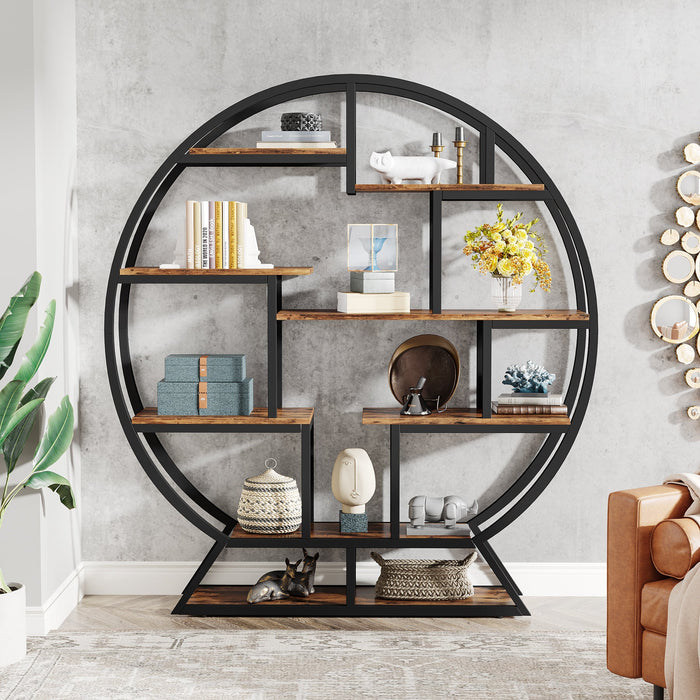 Round Bookshelf, 63 Inch Etagere Bookcase with Staggered Shelves Tribesigns