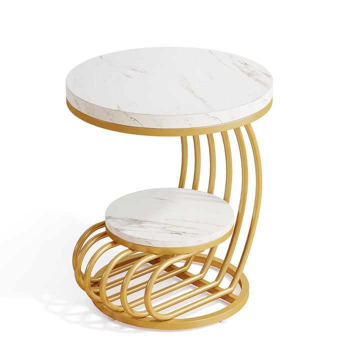 Round End Table, 2 Tiers Faux Marble Side Table with Storage Shelf Tribesigns