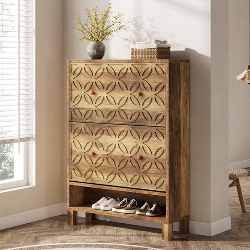 Rustic Shoe Cabinet, Shoe Organizer with 2 Flip Drawers Tribesigns