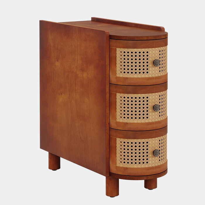 Solid Wood End Table, 3 - Drawer Side Table NightStand with 3 Rattan Drawers Tribesigns