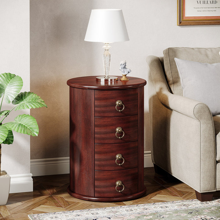 Solid Wood End Table, Round Side Table With 4 Drawers Tribesigns