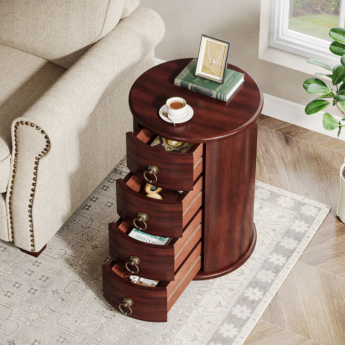 Solid Wood End Table, Round Side Table With 4 Drawers Tribesigns