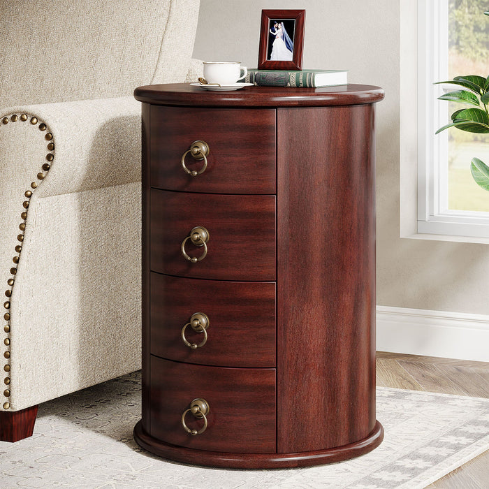 Solid Wood End Table, Round Side Table With 4 Drawers Tribesigns