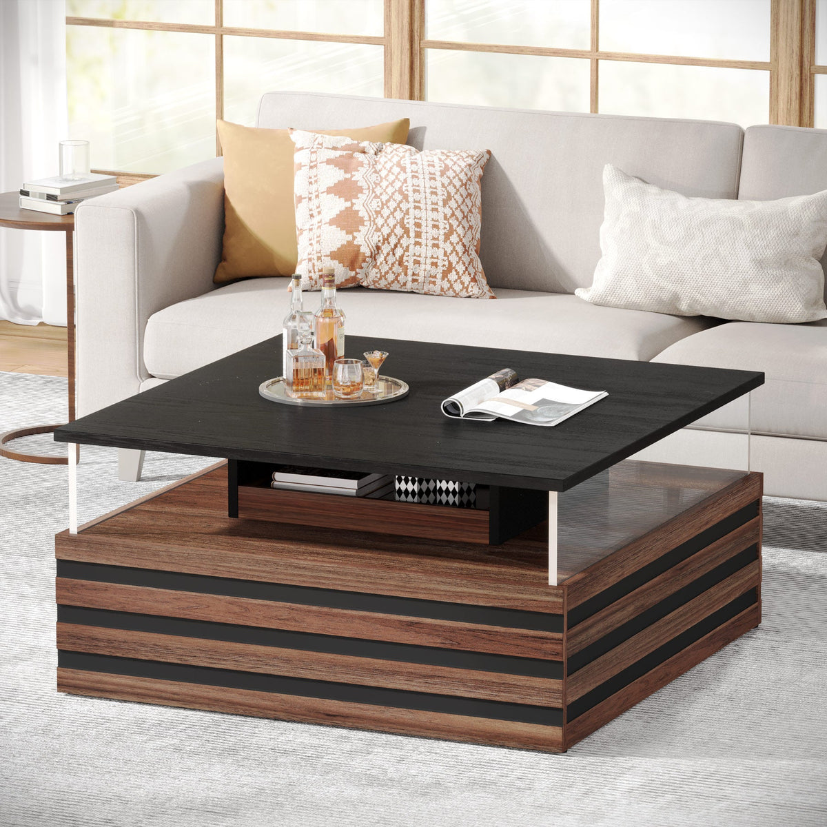 Tribesigns Square Coffee Table, Modern Center Table with LED Light