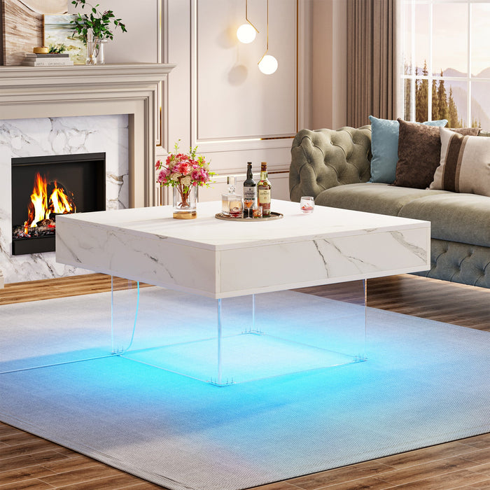 Square LED Coffee Table, Modern Faux Marble Wood Center Table Tribesigns