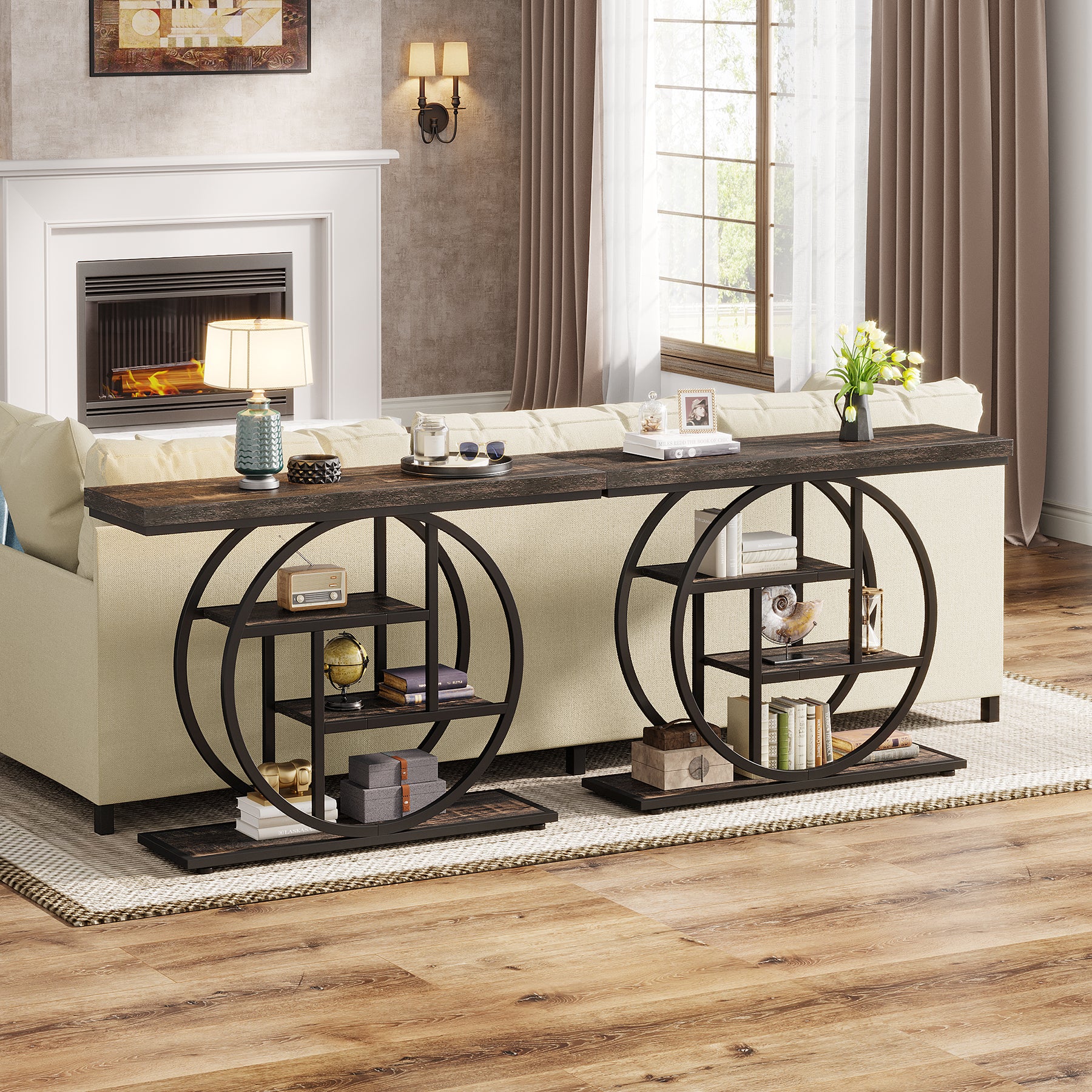 41.3" Console Table, Industrial 4-Tier Sofa Table Entryway Table with Circle Base