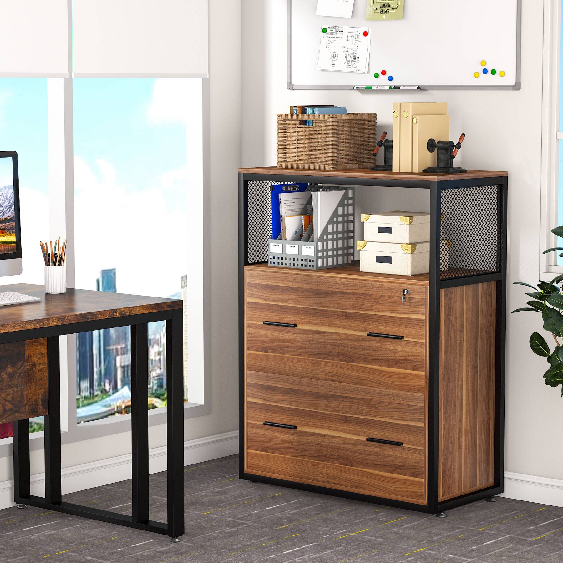 Walnut Wood Grain 2-Drawer Lateral File Cabinet With Lock – Rolling For Home Office